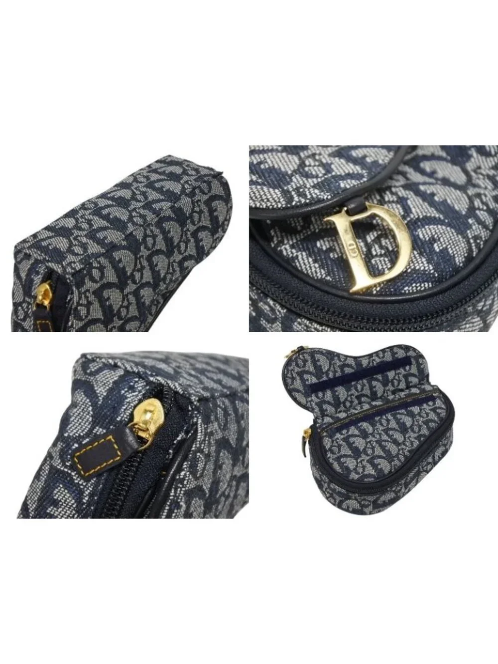Dior Saddle Pouch Trotter Pattern Canvas Leather Navy Gold